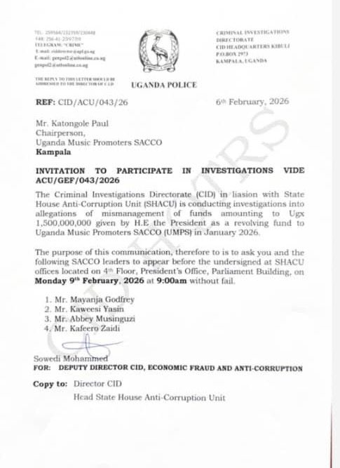 kamukamafredie's tweet image. Breaking news;
The Criminal Investigation Directorate (@CID1_UG), together with the State House Anti-Corruption Unit (@AntiGraft_SH), is investigating alleged mismanagement of UGX 1.5 billion given by President Yoweri Museveni @KagutaMuseveni as a revolving fund to Uganda Music…