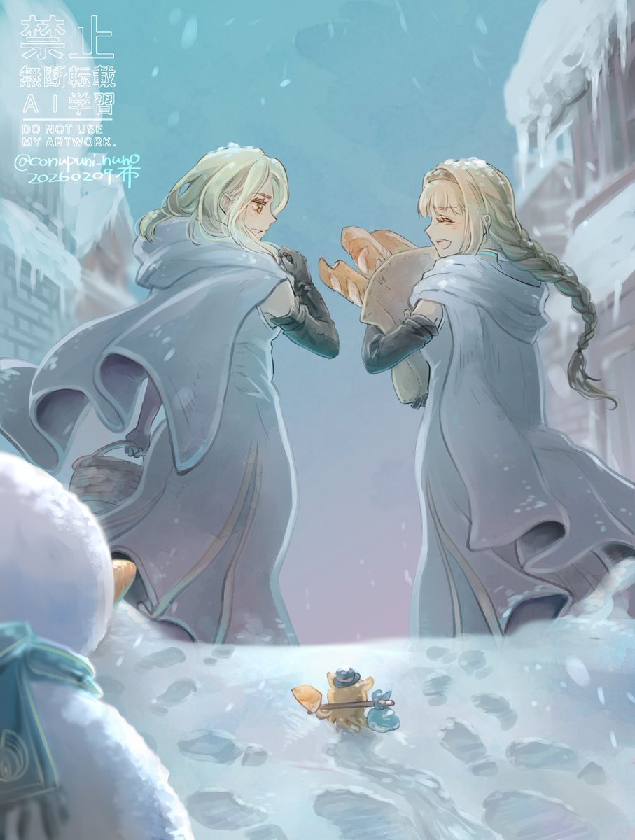 本日のお絵かき(2日分)
「誰もが見守る ふたりの笑顔」
🐙 オフィーリア＆リアナ

地元に積雪した記念(？)に雪国姉妹を描きました⛄️