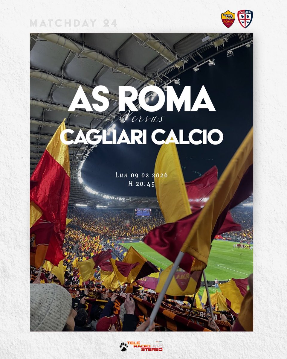 🟡🔴 MATCH DAY 🟡🔴
🗓️ ROMA-CAGLIARI 
🕙 20:45
🏟️ Stadio Olimpico
Live dalle 19:00
Radiocronaca di <a href="/AlessioNardo/">Alessio Nardo</a> - <a href="/AndreaCorallo10/">Andrea Corallo</a> 
📻 92.7 FM
📺 76 DTV
Twitch.tv/teleradiostereo