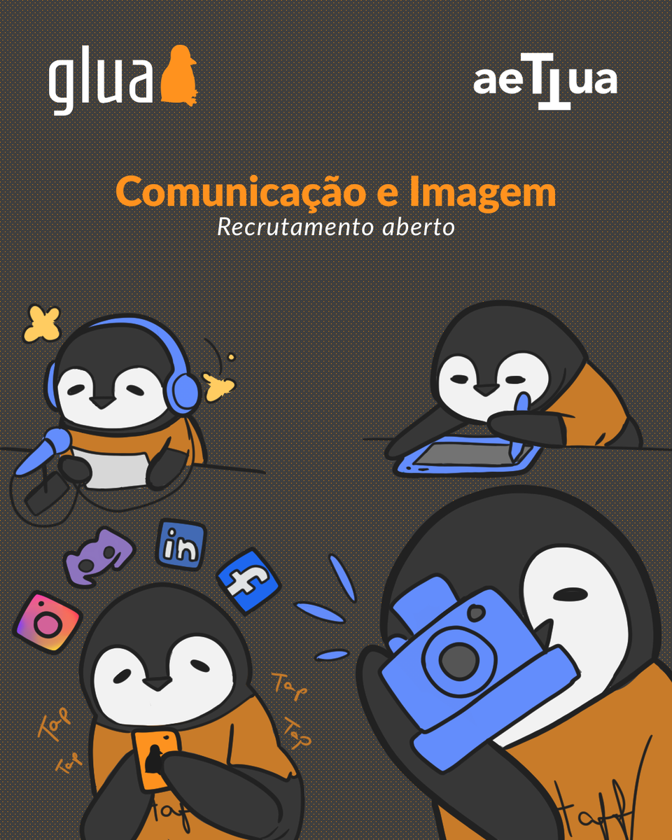 GLUA's tweet photo. A segunda fase de inscrições no GLUA está aqui! 🐧🙌

O recrutamento para a equipa de Comunicação e Imagem está aberto! Gostas de Design? Fotografia? Edição de imagens/vídeos? Gostavas de aprender mais coisas sobre o mundo da criatividade? Então este é o sítio ideal para ti! 🎉 https://t.co/uB7fF6jMgk