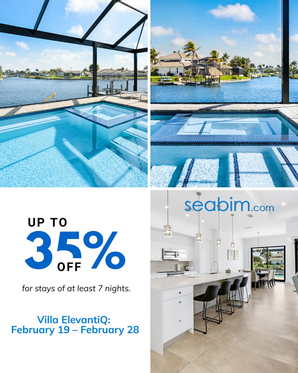 seabim's tweet image. Looking for a last-minute Florida escape? 🌞

Villa ElevantiQ | Feb 19–28

 ✨ Up to 35% OFF for stays of 7 nights or more.
 Electricity included. No security deposit. No extra fees.

Discover more: seabim.com/deals/last-min…

 #Seabim #Vacationrentals #CapeCoral #Florida