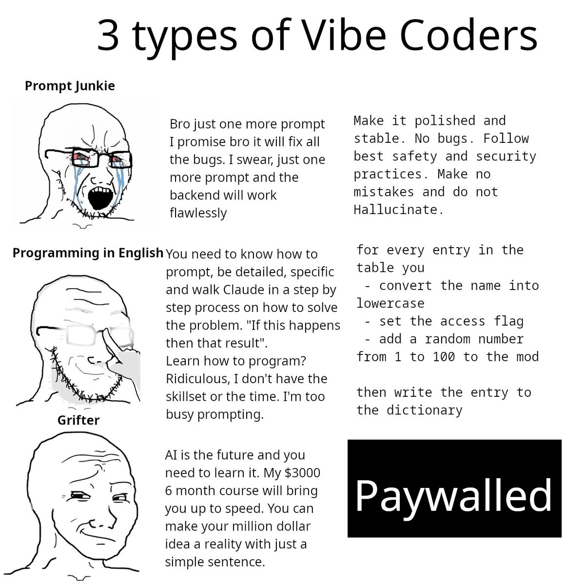 the holy trinity of vibe coders: prompt junkies, programming-in-english wizards, and overpriced course grifters