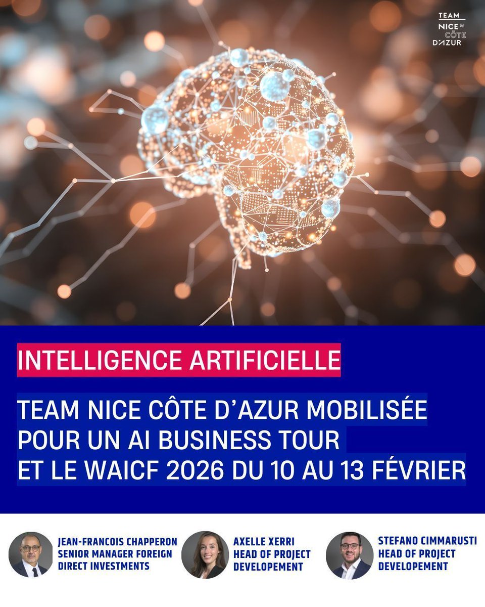 InvestCotedAzur's tweet image. 🔵 IA : Team Nice Côte d’Azur en action !
Du 10 au 13 fév., Team Nice Cote d'Azur mobilisée pour l’AI Business Tour de @risingsud &amp;amp; le @waicannes 2026.
➕ investincotedazur.com/intelligence-a…
#AI #NiceCotedAzur #SmartTech #InvestInCotedAzur