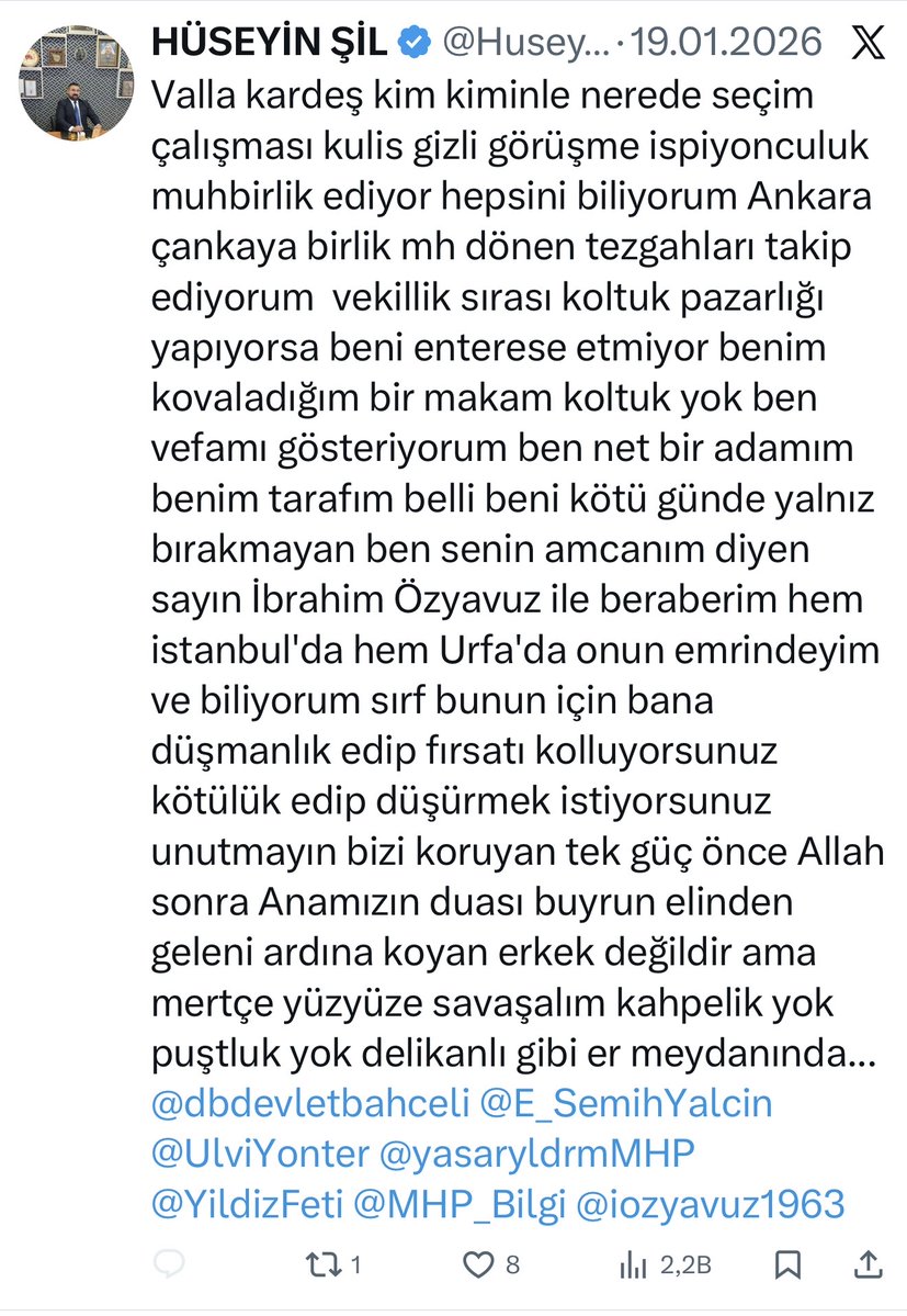 Mhp Şanlıurfa İl Başkan Vekili Mesut Erdurak ın içerisinde bulunduğu gurup, Mhp Şanlıurfa İl Yöneticisi olan Hüseyin Şil i öldürdü. Mhp yönetiminden çıt ses yok. Taziye yayınlamadılar. Mhp Şanlıurfa da neler oluyor
<a href="/dbdevletbahceli/">Devlet Bahçeli</a> #MHP57Yaşında #Mhp <a href="/ismailsaymaz/">İsmail Saymaz</a> <a href="/avcemilcicek0/">Cemil Çiçek</a>