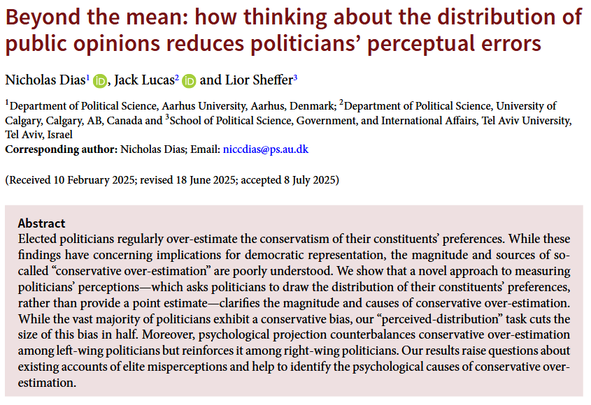 PSRMJournal's tweet image. 🧠 Do politicians misread their constituents' preferences?

➡️Using a new method where politicians draw preference distributions, N Dias, J Lucas &amp;amp; @LiorSheffer  show that conservative overestimation is smaller than assumed cambridge.org/core/journals/… #FirstView