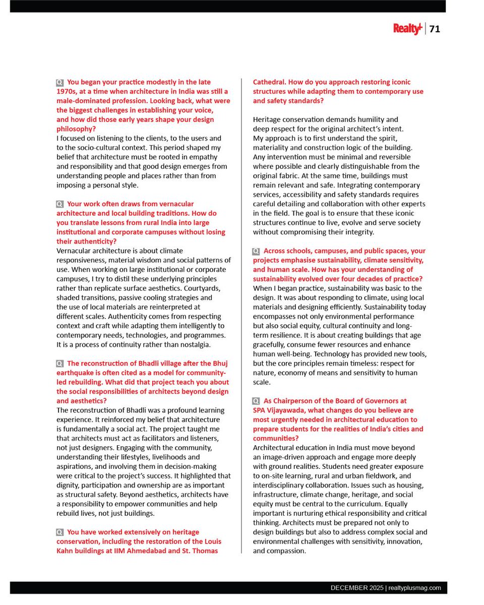 RPRealtyPlus's tweet photo. ARCHITECT OF THE YEAR
Brinda Somaya on Empathy, Sustainability &amp; Architecture’s Social Responsibility

Read the full conversation with Brinda Somaya, in discussion with @asmarafat, in the December 2025 issue of Realty+: https://t.co/qpoOgyHe10

#ArchitectOfTheYear #BrindaSomaya https://t.co/KJEb1OQ54U
