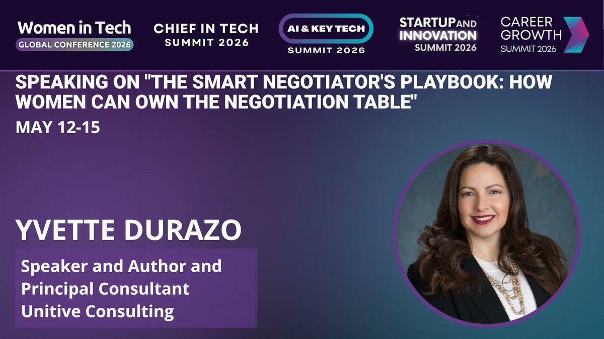 WomenTechNet's tweet image. ⭐🎤 WTGC 2026 Speaker Spotlight

Yvette Durazo — Principal Consultant, Unitive Consulting
 Talk: The Smart Negotiator’s Playbook

📅 May 12–15, 2026 | 🌍 Virtual

👉 Own the table: shop.womentech.net/products/all-a…

#WTGC2026 #NegotiationSkills #KnowYourWorth #WomenWhoLead