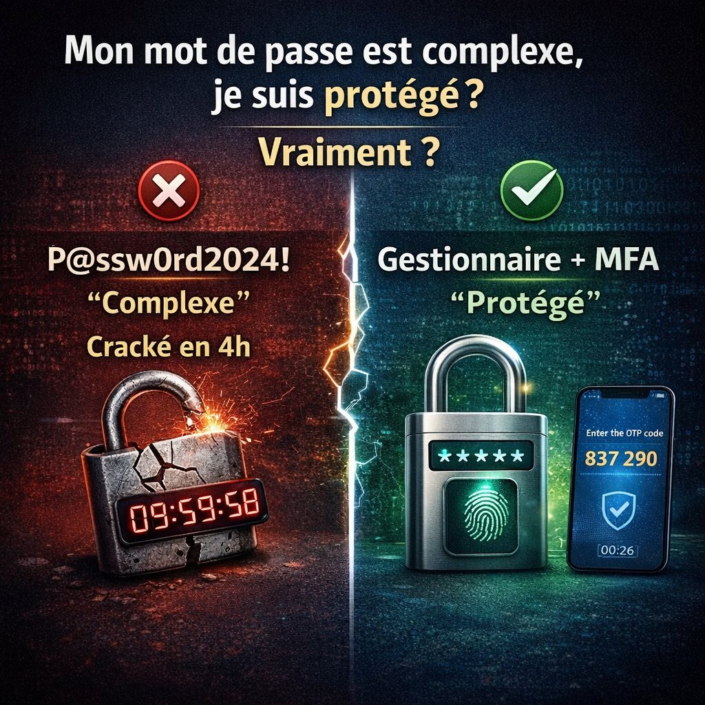 LaaguidiSec's tweet photo. "Mon mot de passe est complexe, je suis protégé"
Faux.
P@ssw0rd2024! = cracké en quelques heures 24 milliards de MDP ont fuité en 2024 Réutilisé sur 3 sites = 1 fuite suffit
Solution : Gestionnaire de MDP + MFA
Complexité ≠ Sécurité
#cybersécurité #motdepasse https://t.co/ed6XoTIDp4