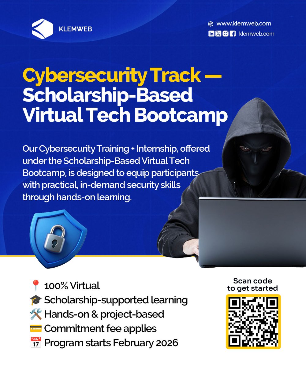 klemweb's tweet photo. Cybersecurity Track — Scholarship-Based Virtual Tech Bootcamp.

In today’s digital-first world, securing systems, data, and networks is a must. 🚨....Take a bold step into cybersecurity and start building skills that matter. 🚀

https://t.co/ReqqmPm8SW

#Klemweb #Cybersecurity https://t.co/YnOKTJ62c1