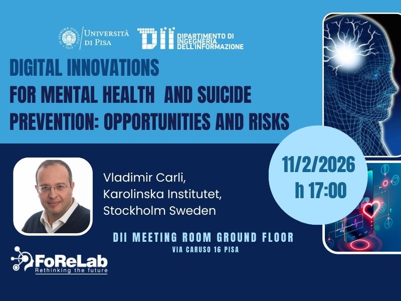 DII_Pisa's tweet photo. #savethedate
Digital innovations for mental health and suicide prevention: opportunities and risks

Vladimir Carli, Karolinska Institutet, Stockholm, Sweden

Feb 11 2026 Meeting Room DII Ground Floor
Via Caruso 16 Pisa

https://t.co/nsvhe64JZH https://t.co/4cLzmSz6Xk