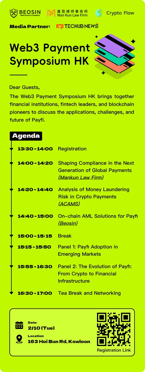🤝 Don’t miss the Web3 Payment Symposium HK hosted by Beosin, and cohosted by <a href="/mankunlaw/">曼昆区块链法律服务🔸All In Web3!</a> and <a href="/cryptoflowhk/">加幂科技（Crypto Flow）</a> on Feb. 10! #ConsensusHK2026 

🔗 Secure your spot and gain insights into PayFi tomorrow: luma.com/pd5nhxj4