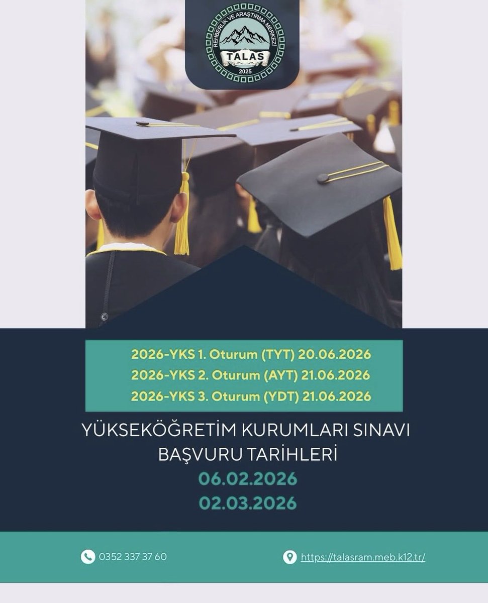 talasram's tweet photo. 2026 YKS SINAV TAKVİMİ
@tcmeb @MebOrgm @kayserimem @TalasMEM https://t.co/K0i3E04YqR