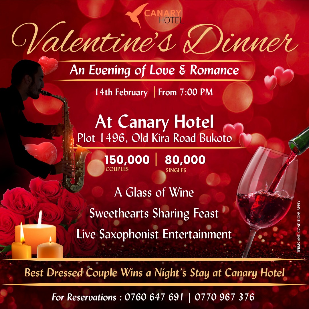 Valentine's is coming, don't sit at home, come and enjoy your day at Canary hotel.
Find us along Old Kira Rd Bukoto 
Call 0760647691 for more information 
Visit our via canary-hotel.com
#ValentinesWeek #ValentinesDay2026