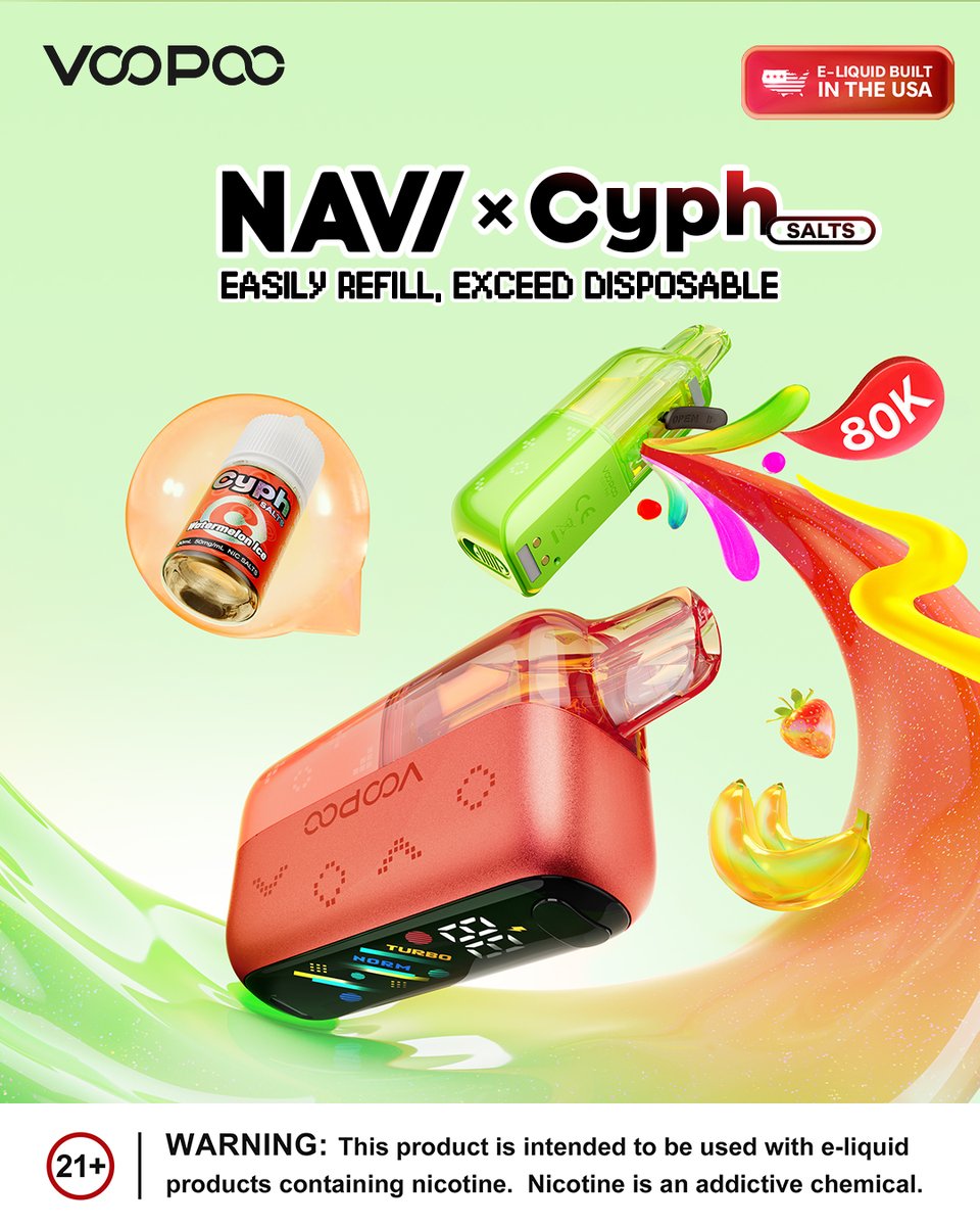 VOOPOO_OFFICIAL's tweet photo. 🔥New Launch ✅ NAVI × Cyph Kit 80K. Easily Refill. Exceed Disposable.

💥 Up to 80K puffs. 
💥 1500 mAh Battery
💥 Refillable &amp; Replaceable Pod
💥 Fresh &amp; Rich Flavor
💥 12 Selected Flavors

Explore more on the official website! 

*Now launched in the USA.

#VOOPOO #VOOPOONAVI https://t.co/DYYBimPvff