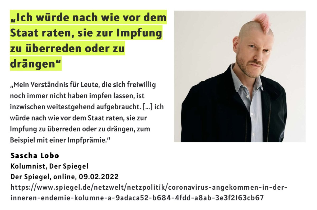 "Mein Verständnis für Leute, die sich freiwillig noch immer nicht haben impfen lassen, ist inzwischen weitestgehend aufgebraucht (…) ich würde nach wie vor dem Staat raten, sie zur Impfung zu überreden oder zu drängen"

09.02.2022 #RichtigErinnern