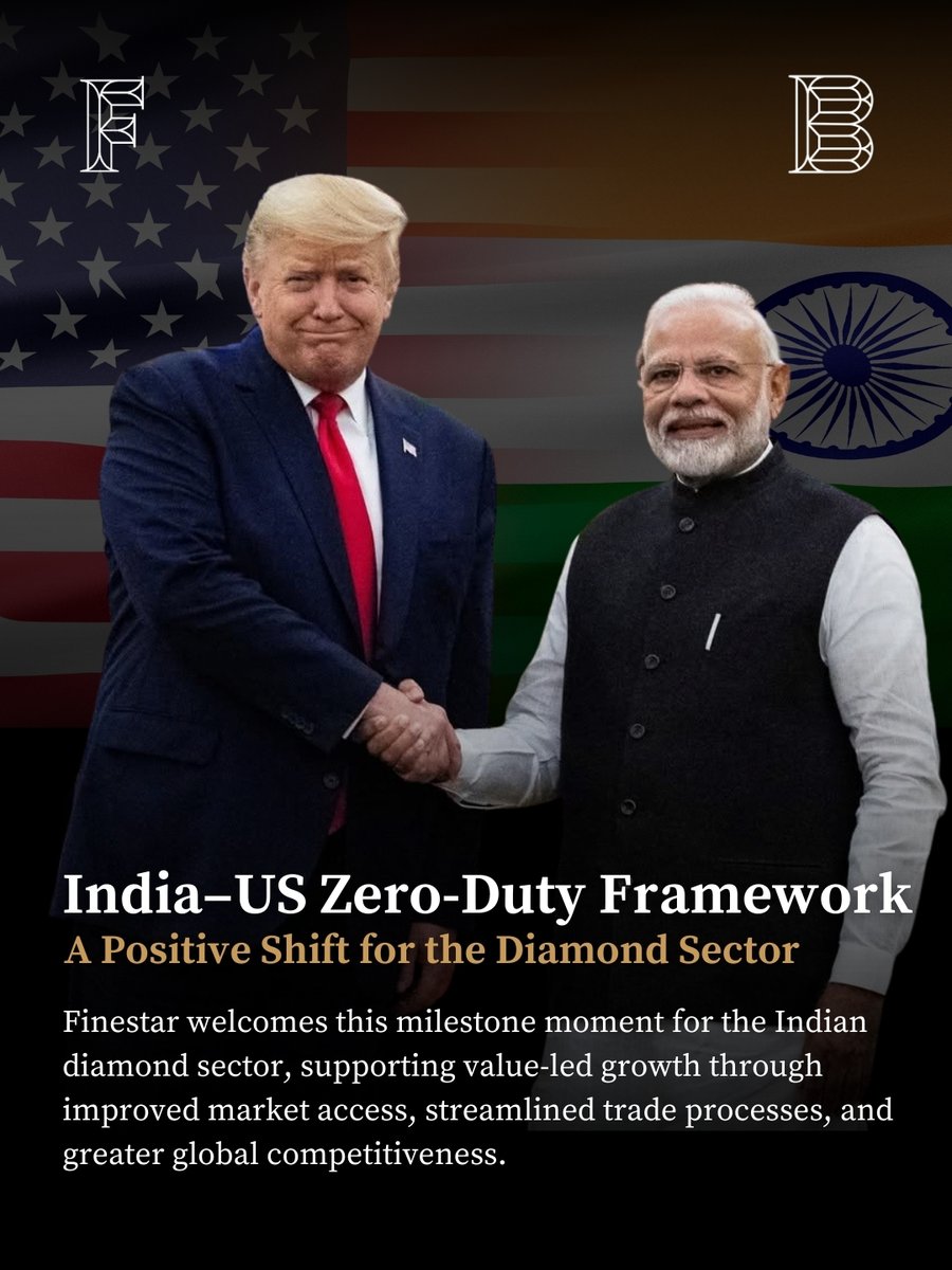 Trade frameworks don’t just change headlines — they change how business moves.
The India–US zero-duty deal strengthens India’s diamond sector, improving access, trust, and global competitiveness.

#IndiaUSTrade #GlobalTrade #DiamondIndustry #ZeroDutyAgreement #Finestardiamonds