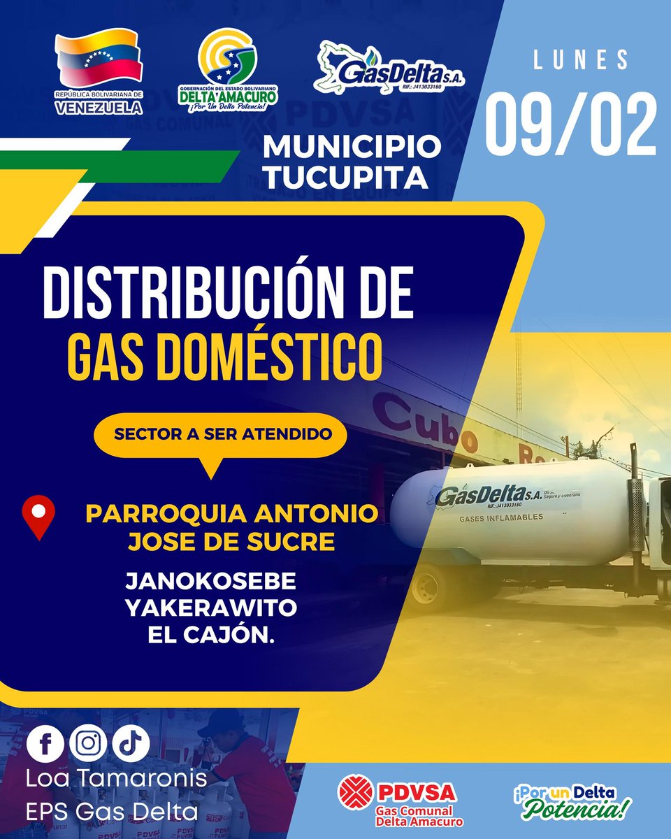 riotucupita's tweet photo. Venta de GAS Para hoy #Lunes 9 de #Febrero 2026
 *Parroquia:*

*Antonio José de Sucre.*

Estamos siempre en vivo https://t.co/WObhlnjt6p contacto WhatsApp: +584263971510 https://t.co/ewE7tSjtUh
