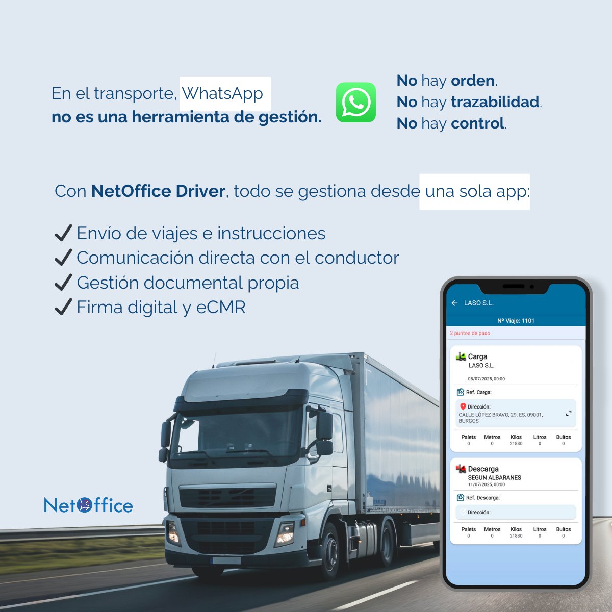 erpnetoffice's tweet photo. WhatsApp sirve para comunicarse, pero no para gestionar el transporte.

📲 Con NetOffice Driver, conductores y gestores de tráfico trabajan en un entorno profesional, con información centralizada y actualizada en tiempo real.

https://t.co/0JnvoxjIDD https://t.co/zvystZQU2F
