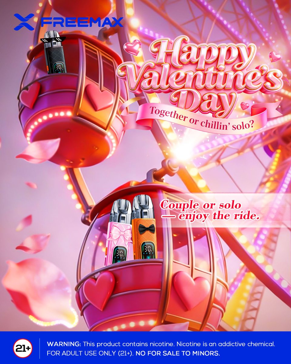 Freemaxvape's tweet image. Couple or solo this Valentine’s Day? 💘
Either way, enjoy the ride 🎡✨
.
.
.
.
.
⚠️ Warning: This product contains nicotine. Nicotine is an addictive chemical.
🔞 Must be 21+.
-
#FREEMAX #VapeCommunity #VapeLife #PodMod #PodSystem
