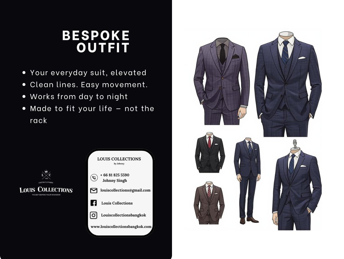 singh_johnny's tweet image. At Louis Collections Bangkok, each garment is tailored with purpose, passion, and precision.

Because style should fit more than your body — it should fit your life.

🔗 Discover timeless tailoring: louiscollectionsbangkok.com

#LouisCollectionsBangkok #BespokeTailor #BangkokTailor