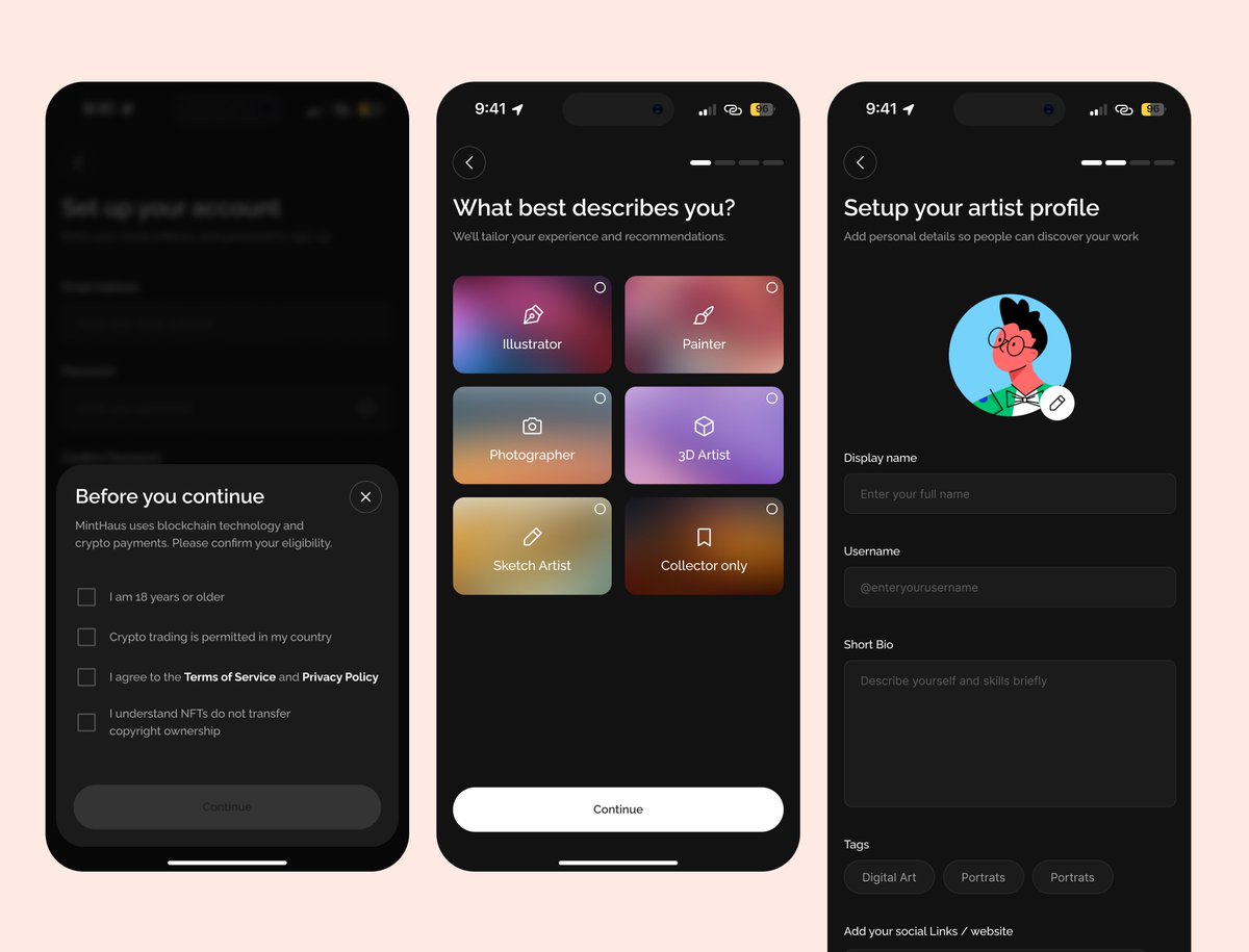 joshuiuxdesign's tweet photo. Onboarding flow for this Mobile app design case study i started recently.

Onboarding → Create account → Connect wallet → Secure account → Full access

The purpose of this app helps artists convert their work into NFTs and earn cryptocurrency.

i'll share more flows as i go🚀 https://t.co/9xA8Qh7dLx