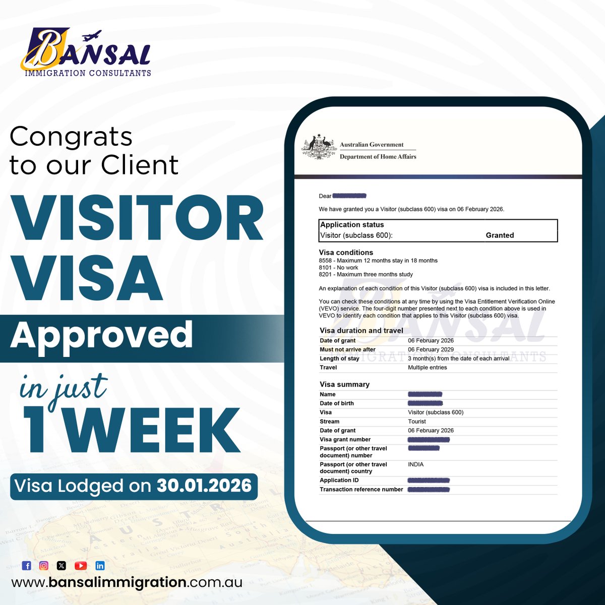 Bansalimmi's tweet image. 🎉Back-to-Back Australian Visitor Visa Grants! 
We’re excited to share another success story with back-to-back Australian Visitor Visa approvals

#VisitorVisa #AustraliaVisitorVisa #VisaGrant #VisaSuccess #BansalImmigration #TouristVisa #PakistanToAustralia #IndiaToAustralia