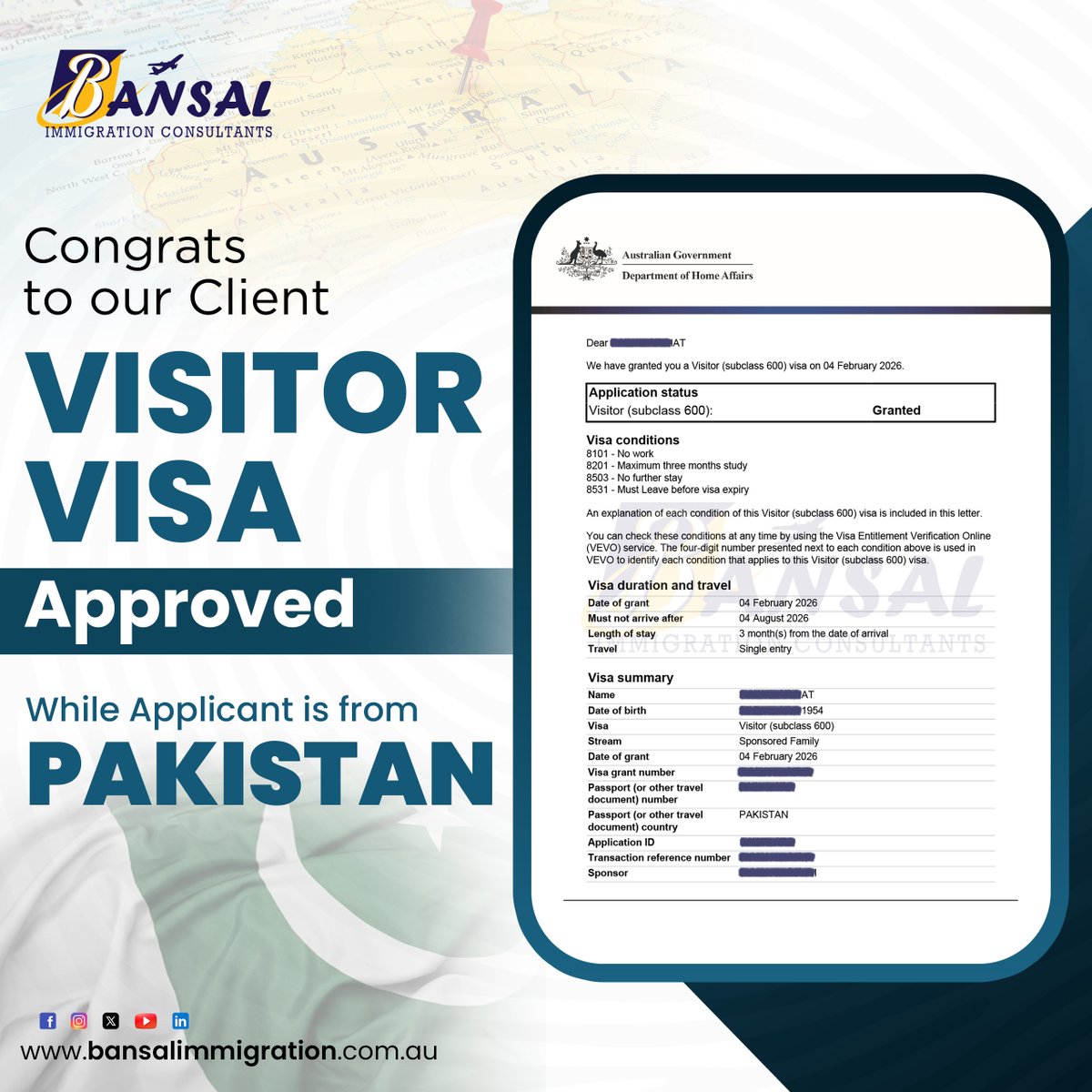 Bansalimmi's tweet image. 🎉Back-to-Back Australian Visitor Visa Grants! 
We’re excited to share another success story with back-to-back Australian Visitor Visa approvals

#VisitorVisa #AustraliaVisitorVisa #VisaGrant #VisaSuccess #BansalImmigration #TouristVisa #PakistanToAustralia #IndiaToAustralia