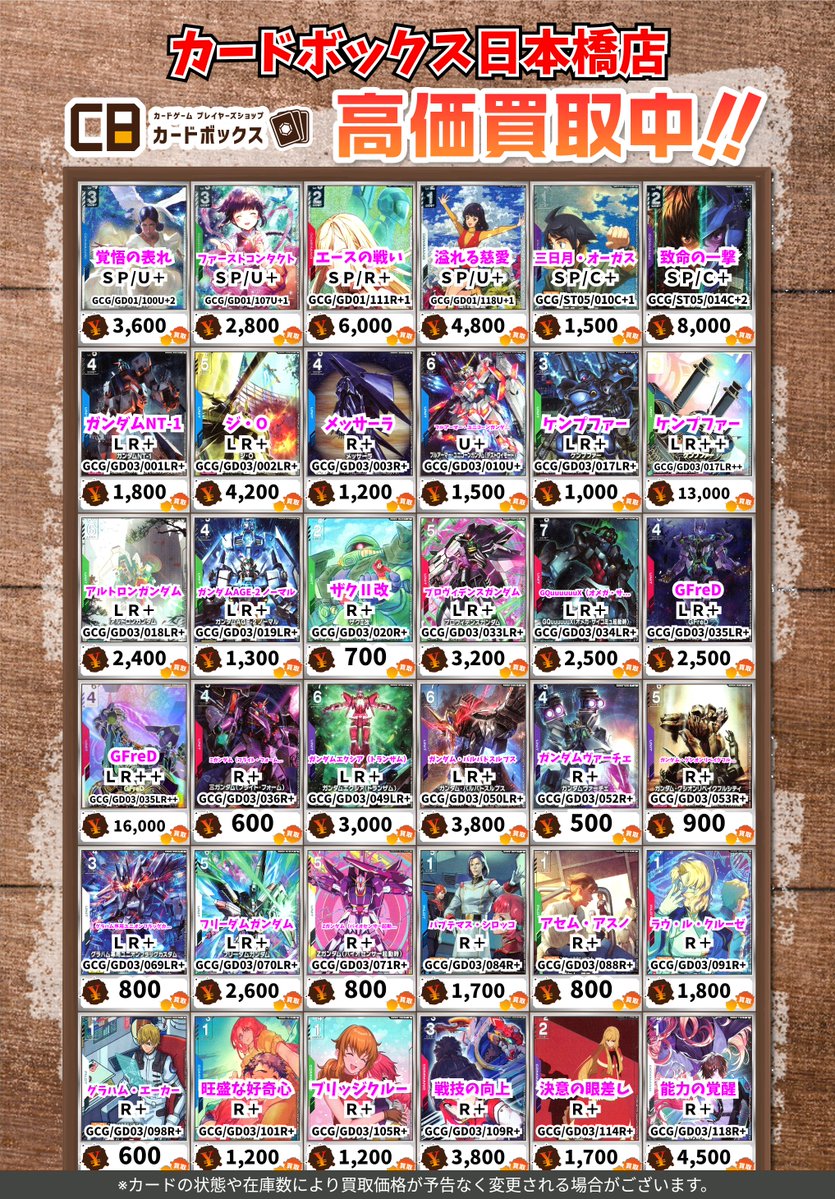 CB日本橋店ガンダムカードゲーム買取表 【注意事項】 ・上限枚数集まり