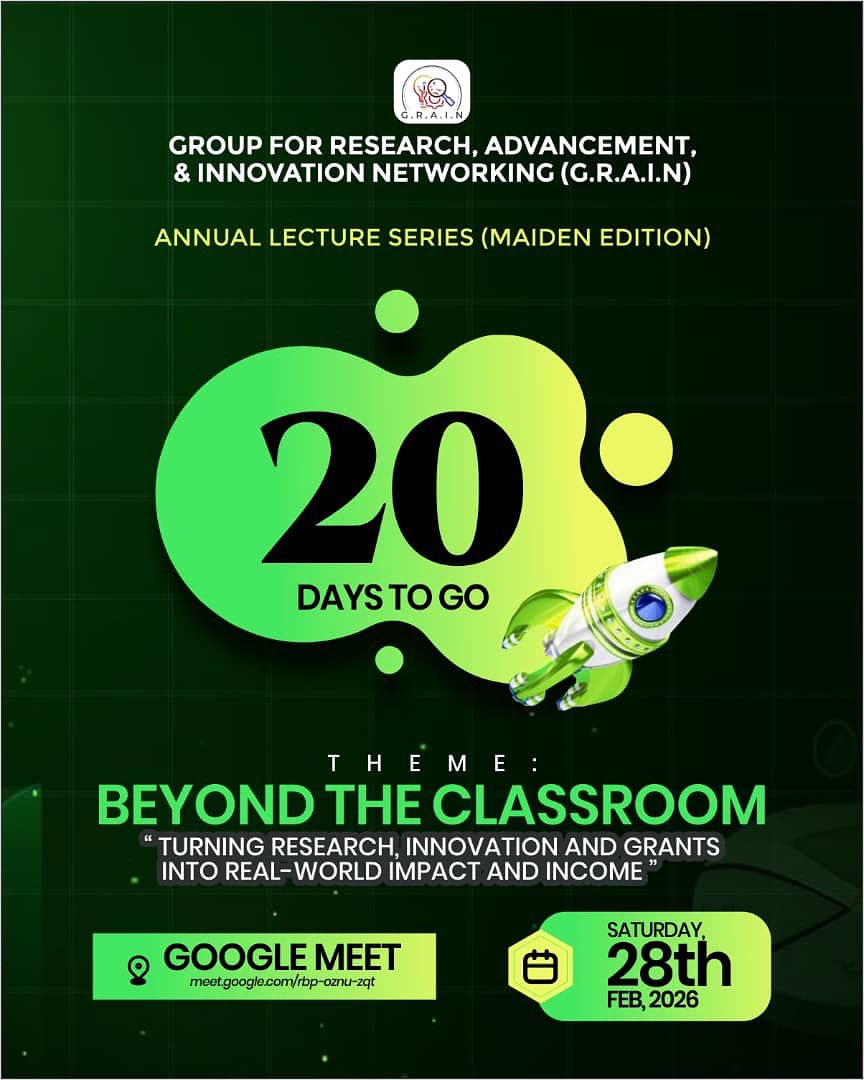 GRAIN_research's tweet image. ✨ 20 DAYS TO GO! ✨

The Maiden G.R.A.I.N Annual Lecture Series is almost here—connecting research, innovation &amp;amp; impact.

📅 Sat, 28 Feb 2026 | ⏰ 2–4 PM
🌐 Google Meet

Save the date 💚
#20DaysToGo #GRAINLectureSeries