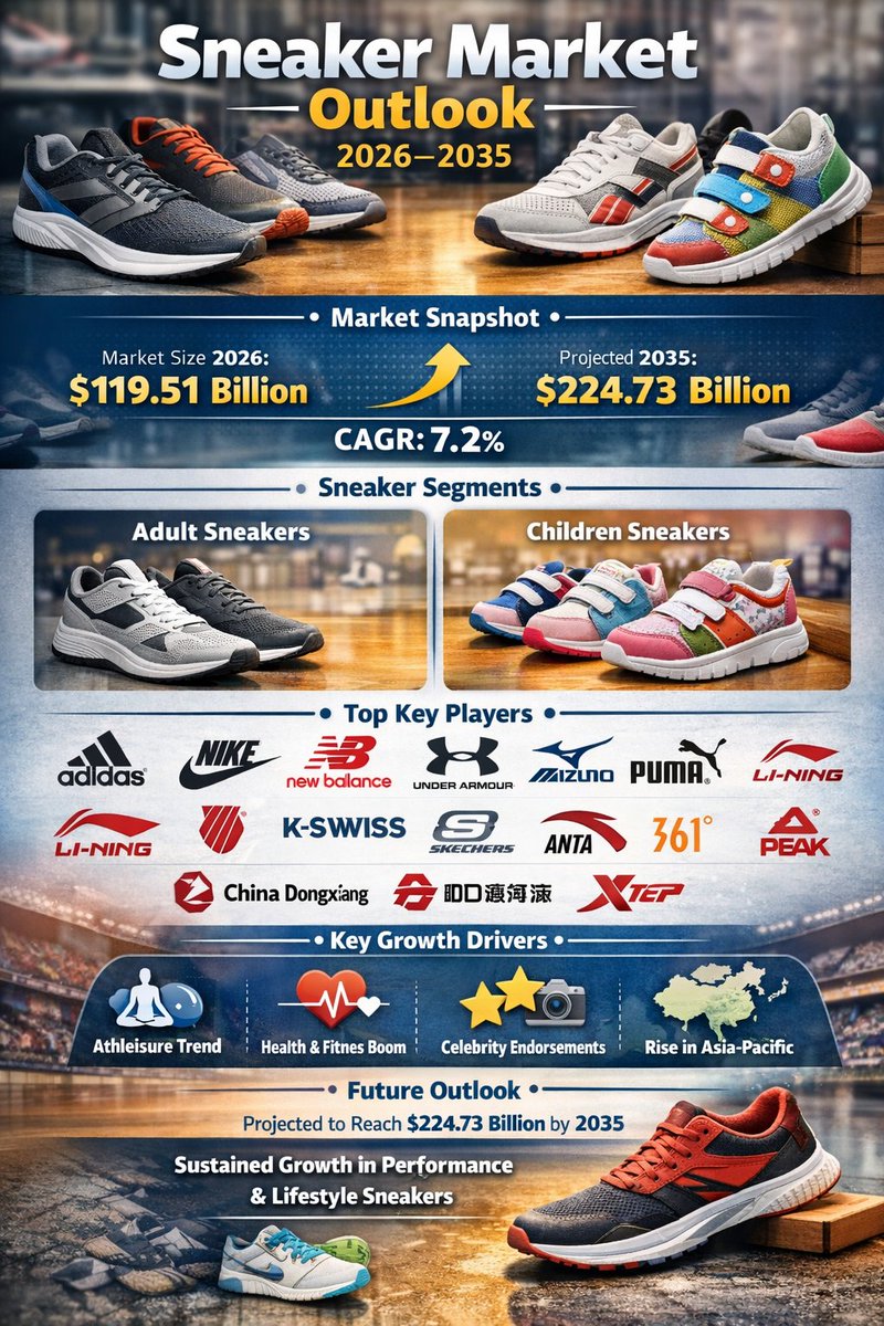 GMS_2024's tweet photo. Global Sneaker Market Snapshot

The sneaker industry is on a strong growth trajectory 🚀

📊 Market Size 2026: $119.5B
📈 Expected by 2035: $224.7B
📌 CAGR: 7.2%

Download   Free Sample @   https://t.co/YX8gscgH28

#SneakerMarket #FootwearIndustry #Athleisure #MarketInsights https://t.co/Onx7QVXlJX
