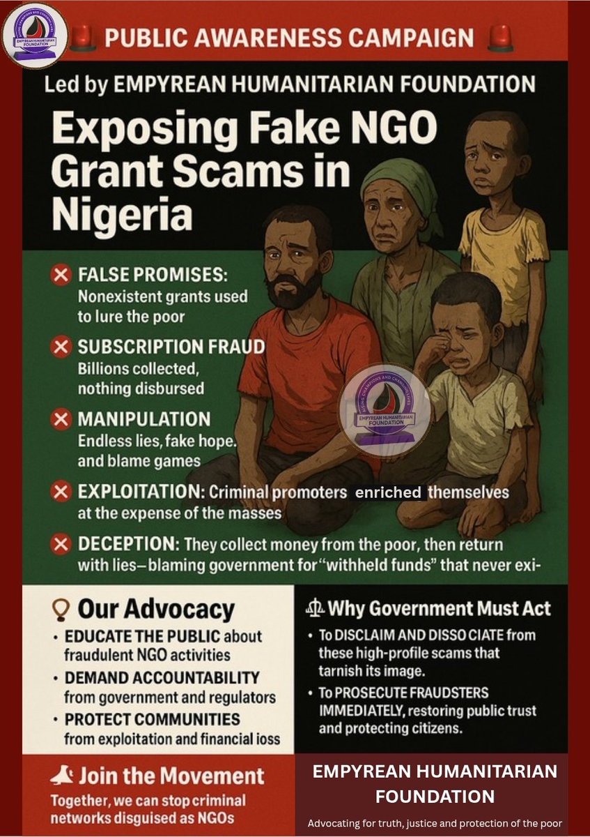 👥 The poor pay subscription fees.  
📉 No grants are disbursed.  
🗣 Lies are recycled.  
⚖️ Government silence fuels the scam.
We demand action.  
<a href="/DecideGrant2025/">GRANT JUSTICE NETWORK</a> <a href="/officialEFCC/">EFCC Nigeria</a>
<a href="/nidcom_gov/">Nigerians in Diaspora Commission</a> <a href="/NGRPresident/">Presidency Nigeria</a>
<a href="/IntlCrimCourt/">Int'l Criminal Court</a> <a href="/UKSupremeCourt/">UK Supreme Court</a> <a href="/IMFNews/">IMF</a>
<a href="/ARISEtv/">ARISE NEWS</a> <a href="/PeterObi/">Peter Obi</a>
#NGOScamAlert