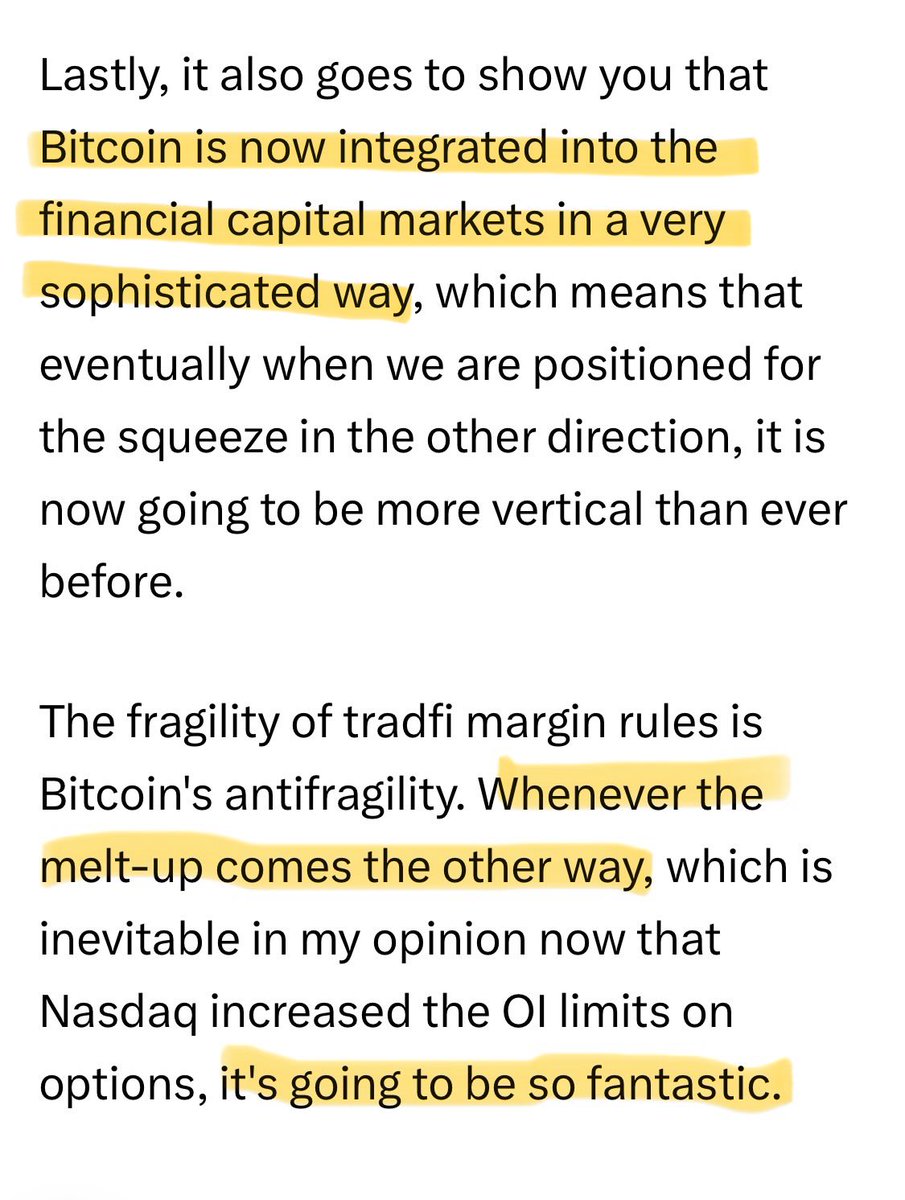 Excellion's tweet photo. Imagine that the 2/5 crash just happened for no apparent reason. The implications are huge and very bullish.

Everyone is theorizing about some HK entity that blew up, but it’s unlikely it would be kept so well hidden. I’d likely have heard about it by now. If @dgt10011 is right, and 2/5 was really for no singular reason, it means we are definitely in uncharted waters. 

Bitcoin is indeed now deeply integrated with traditional financial markets. ETF volumes dwarf that of the crypto exchanges. Multi-asset de-risking amplified by reflexive derivatives dynamics can lead to a downside gamma squeeze. The fundamental market structure for Bitcoin has changed now. Cycle theory is out the window. Using past patterns and indicators to predict is useless.

Bitcoin is in a totally new game.

So what does that mean? Are we going up or down?

No one knows for certain. Bear posting at the bottom has been a thing since the dawn of capital markets. It’s just how human psychology works. When things are bad, everyone thinks it will get worse.

I’m of the opinion that we’ve already bottomed (but I’m a permabull so it’s to be expected).

2/5 was a 6 sigma event (ask AI what that means if you don’t know). You could call it a black swan. Moving down to $58k from here in a single day would be yet another 6 sigma event. Not that likely. 

Is it possible to slowly grind lower? Anything is possible, but it’s just not likely. 

You need to have a reason for a slow grind down. There were no reasons for 2/5 happening and there are no reasons for a slow grind down. In fact, all I see is a lot of demand. 

➡️ Treasury companies, already price insensitive, will buy to lower their average costs
➡️ New treasury companies will soon be operational and start to accumulate (BSTR, XXI)
➡️ Increasing involvement from big finance and major banks
➡️ US admin positioning to be a Bitcoin superpower with multiple pieces of legislation at various stages
➡️ We’ve yet to see real movement on the SBR, but the EO exists and the option for budget neutral accumulation is always on the table
➡️ If we at @JAN3com are successful, one of the nation-states we’ve engaged with will launch a Bitcoin Bond this year - think Strategy but with sovereign debt
➡️ The run up in metals shows unyielding demand for hard assets and we have yet to see metal investors rotate into Bitcoin - but it will soon

Quoting @saylor: "We have the most constructive set of financial regulators in the history of the industry right now. The head of the Fed, the head of the Treasury, the head of the CFTC, the head of the SEC, and the White House has a digital assets czar. Those five things are massive bull flags."

The reality of the new market structure for Bitcoin is that there’s a great deal of institutional and treasury co capital that will deploy - but it takes them time to aggregate and position for accumulation. A slow grind down, or even just going sideways, will give them ample time to buy up all coins for sale. Institutional accumulation often happens in lulls. Sideways gives players like pension funds and sovereigns cover to stack without FOMO bidding wars.

So, going back to Jeff’s post, I agree that when the upside gamma squeeze comes, it will be fantastic. And it can happen at any time, for no obvious reason.

This is the Omega Candle. ♎️

Plan accordingly.