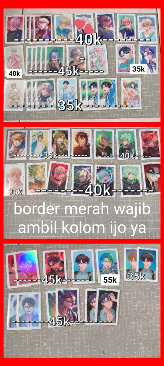 yutobandung's tweet photo. WTS Gpri, TrePhoto Gpri Sign, Card Neko Paradox Live

Bantu rt ges 

Ada buanyak. 
Merah wajib pair ijo. 
Yg gaada tanda itu bisa satuan yh
Boleh co oren/manual
Wajib split pay, booking dp 50%
Co boleh kembar yh :>
Dikirim dari bandung
#WTSpararai #wtsparadoxlive #warungpararai https://t.co/XcT0X1aRYs