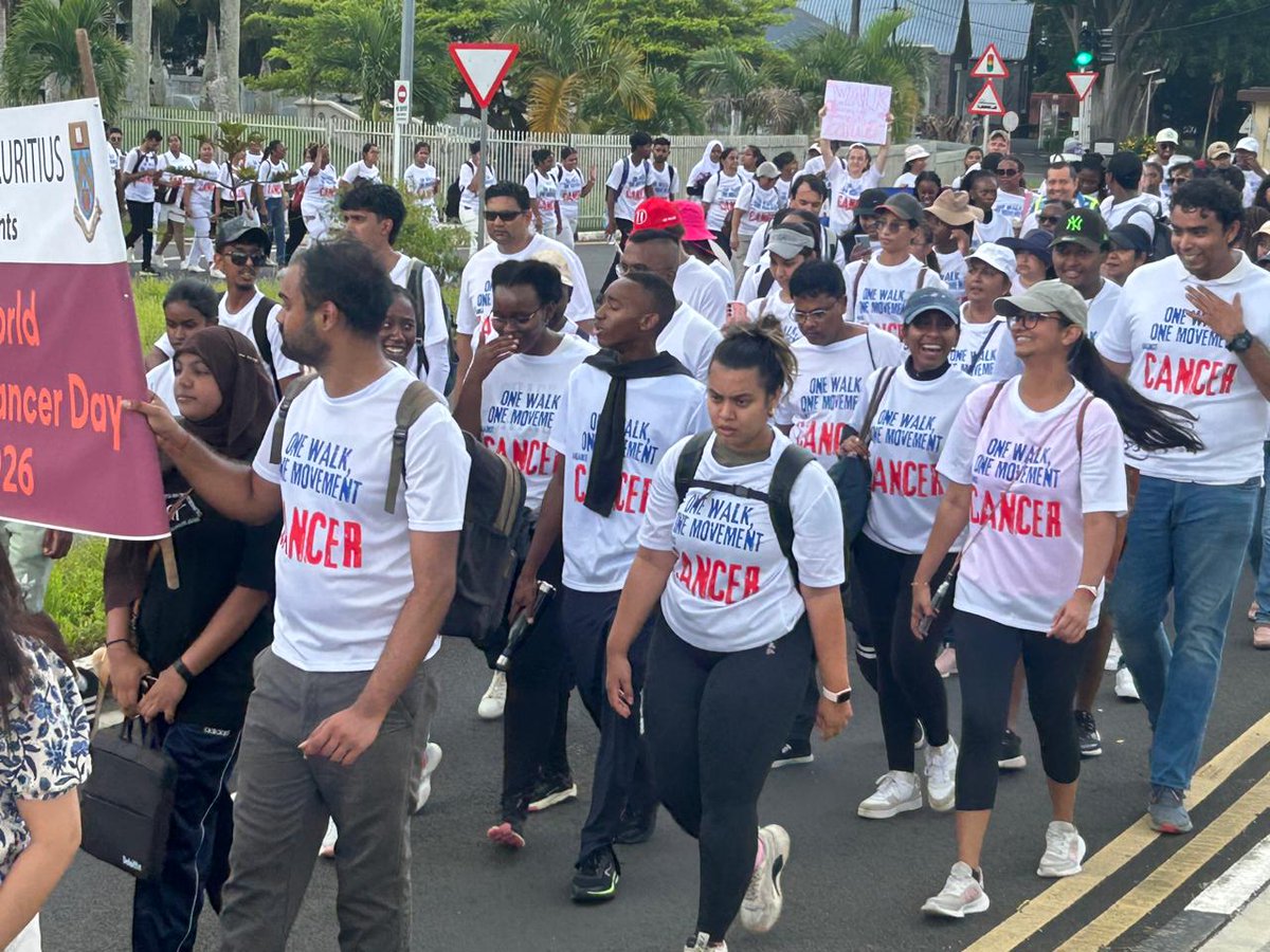WHOMauritius's tweet photo. WHO Representative joins sensitization March together with the Health Minister,other leaders, survivors,families &amp; University of Mauritius&amp;SSR Medical College students to create awareness on early detection, screening and people-centred care to save lives. #WorldCancerDay 2026 https://t.co/ZUxGnO2rj5