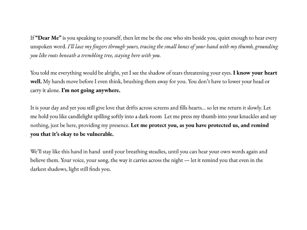 Beside You — echoing the heart of “Dear Me” by Jungwon

DEAREST SEASON OF JUNGWON
#23WONdrousSeasons
#HAPPY_JUNGWON_DAY #사랑이란_꽃말처럼_정원을_가득채워 #JUNGWON #엔하이픈_정원