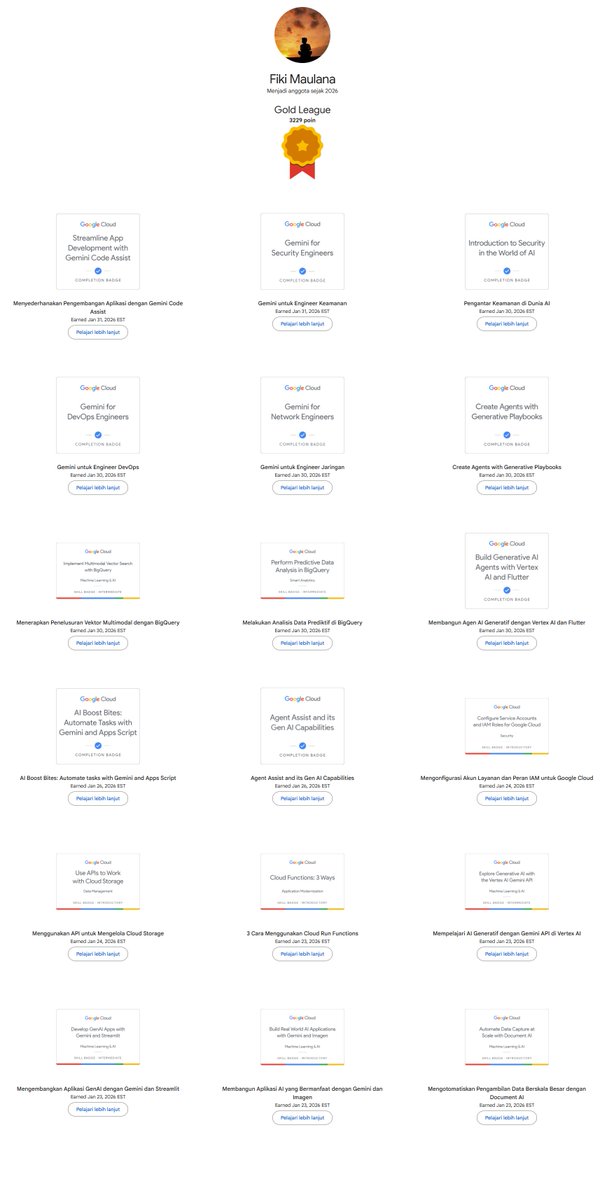 Terima kasih #JuaraGCP #JuaraGCPS12
<a href="/GoogleCloud_ID/">Google Cloud Indonesia</a> atas kesempatan belajar dan mencoba AI yang tersedia di GCP.