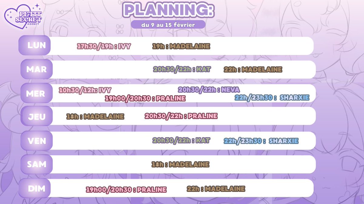Le planning de la semaine du 09 au 15 février💜
<a href="/IvyBloomasmr/">Ivy Bloom 🌸🐾 (Petit Secret Agency)</a>
<a href="/SharxieJaws/">18+ Sharxie Jaws 🦈(Petit Secret Agency)</a>
<a href="/PralineWoof/">18+ Praline Woof 🧁🩷 (Petit Secret Agency)</a>
<a href="/MadelaineLatte/">18+ Madelaine Latté 🐮🛐 (PetitsecretAgency)</a>
<a href="/NevaMoonASMR/">Neva</a>
/Katerpillar     
#vtuberfr