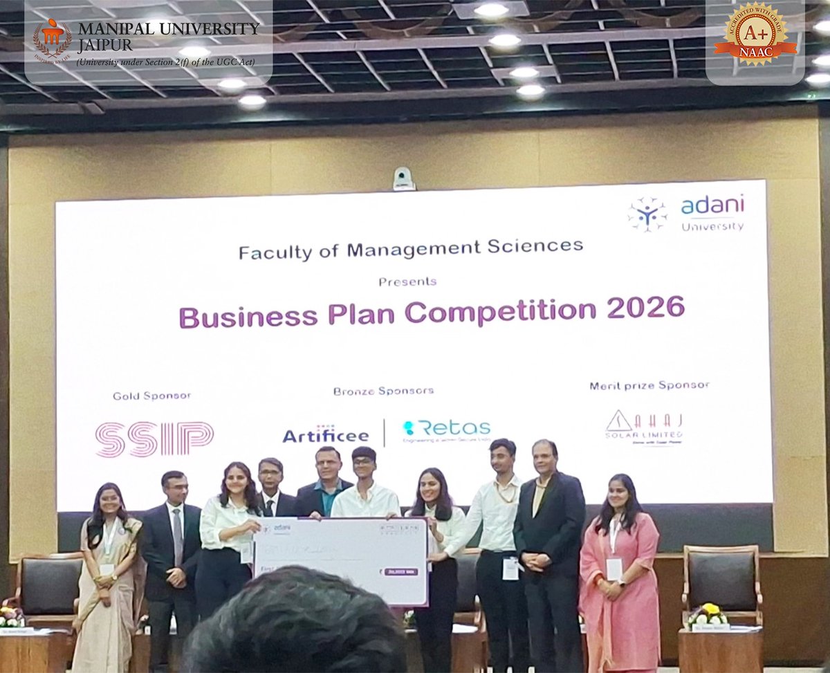 Jaipur_Manipal's tweet image. 🏆 Team Flexzistay (MUJ) secured First Runner-Up at the Adani University Business Plan Competition, standing out among 120+ teams nationwide.

#MUJ #StudentAchievement #ProudMoment