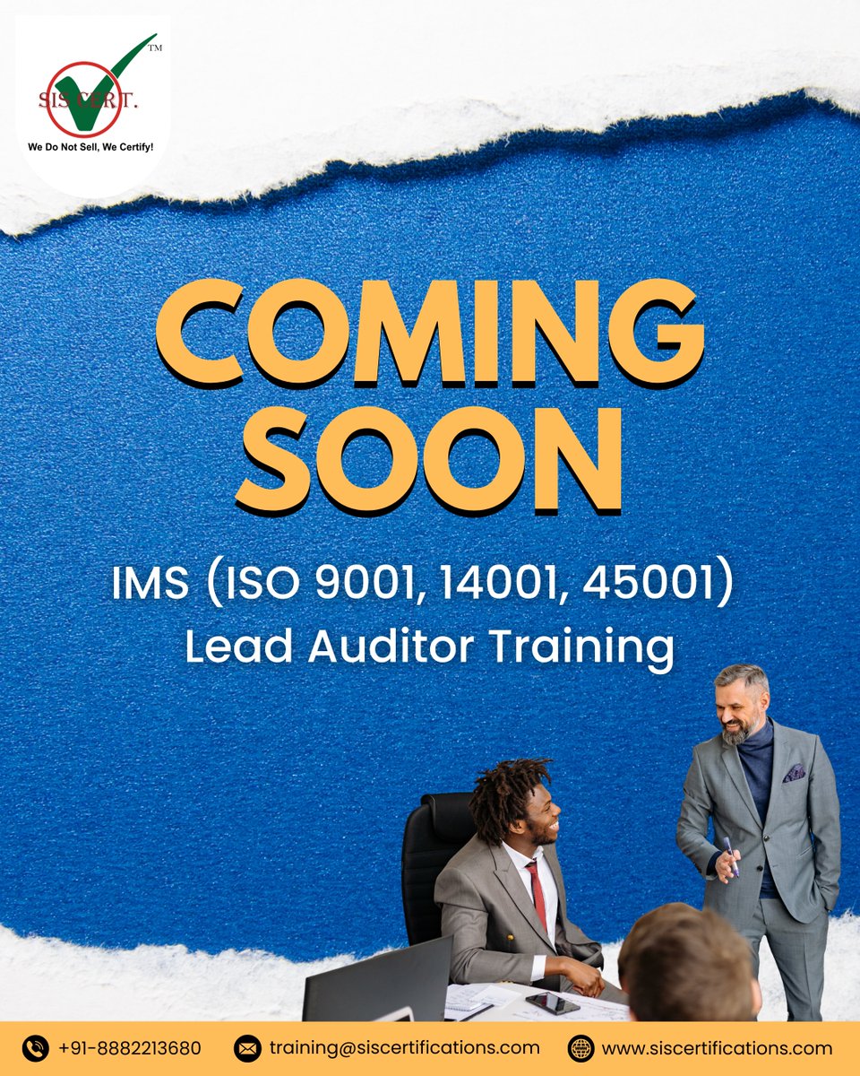 siscert's tweet photo. IMS (ISO 9001, 14001, ISO 45001) Lead Auditor Training

- 9th to14th March 2026
- Online | Onsite
- Register Now

#SISCertifications #IntegratedManagementSystem #IMS #ISO9001 #ISO14001 #ISO45001 #ISOStandards #LeadAuditor #LeadAuditorTraining #ISOTraining #AuditProfessionals https://t.co/5LUAooBJhL
