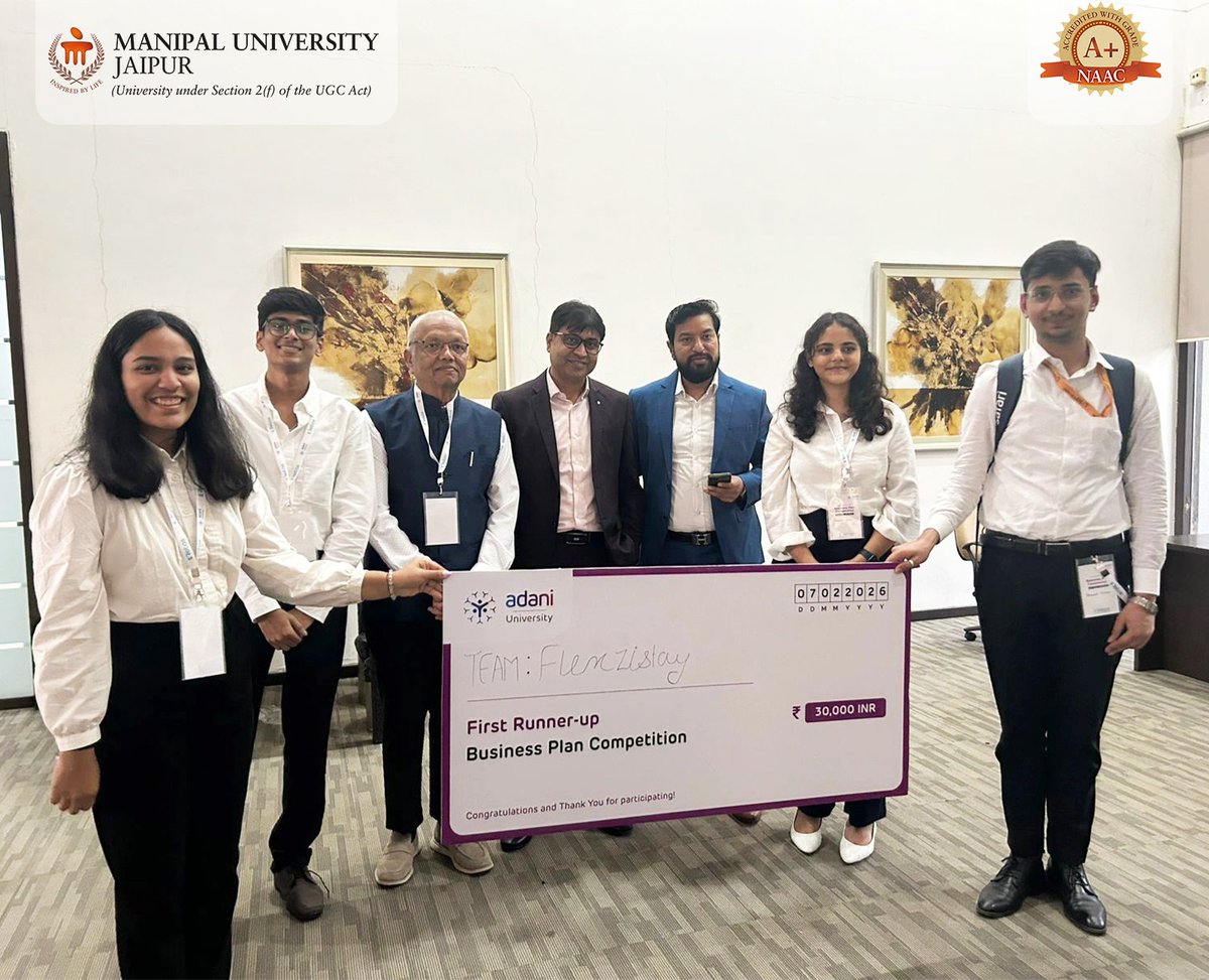 Jaipur_Manipal's tweet image. 🏆 Team Flexzistay (MUJ) secured First Runner-Up at the Adani University Business Plan Competition, standing out among 120+ teams nationwide.

#MUJ #StudentAchievement #ProudMoment