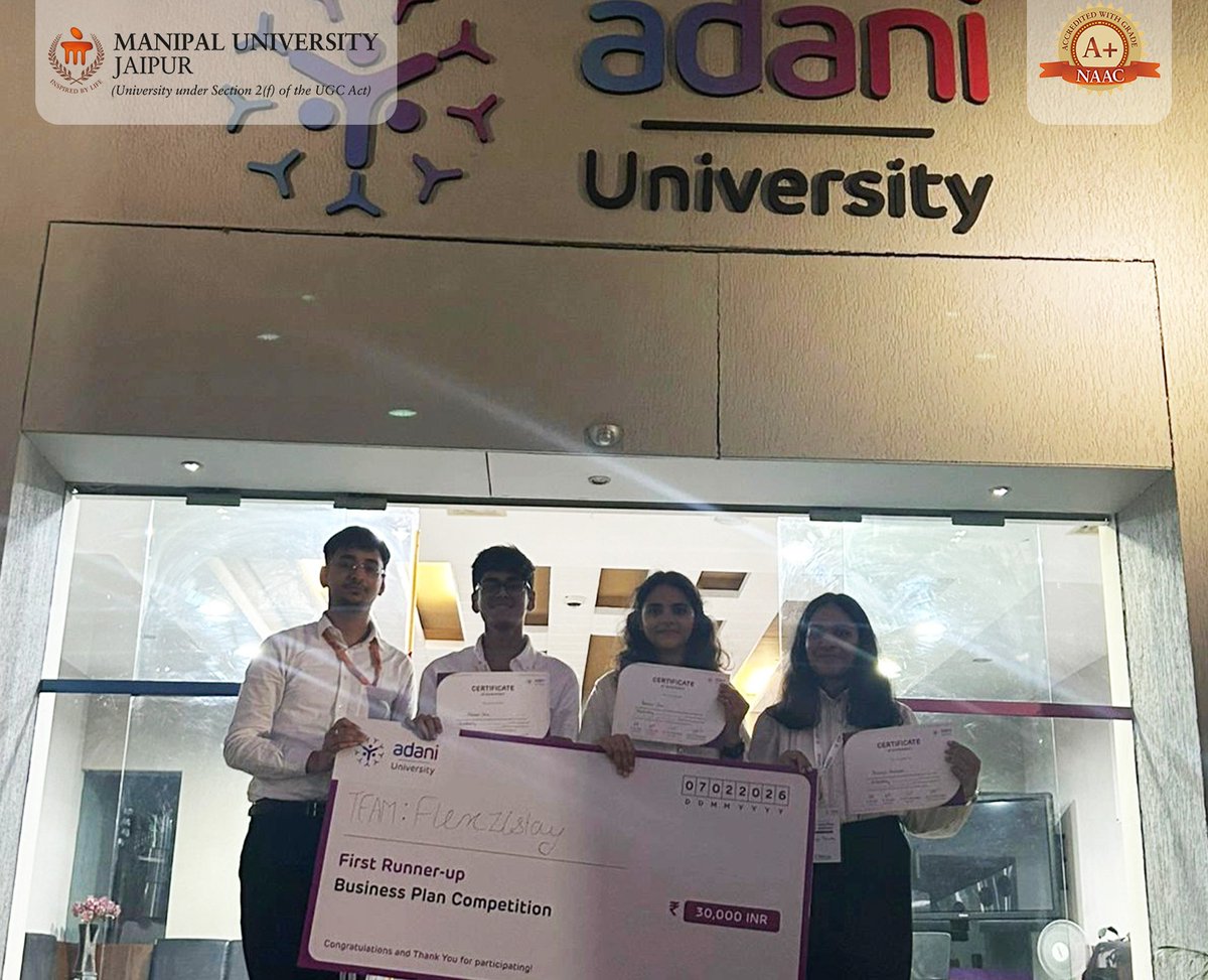 Jaipur_Manipal's tweet image. 🏆 Team Flexzistay (MUJ) secured First Runner-Up at the Adani University Business Plan Competition, standing out among 120+ teams nationwide.

#MUJ #StudentAchievement #ProudMoment