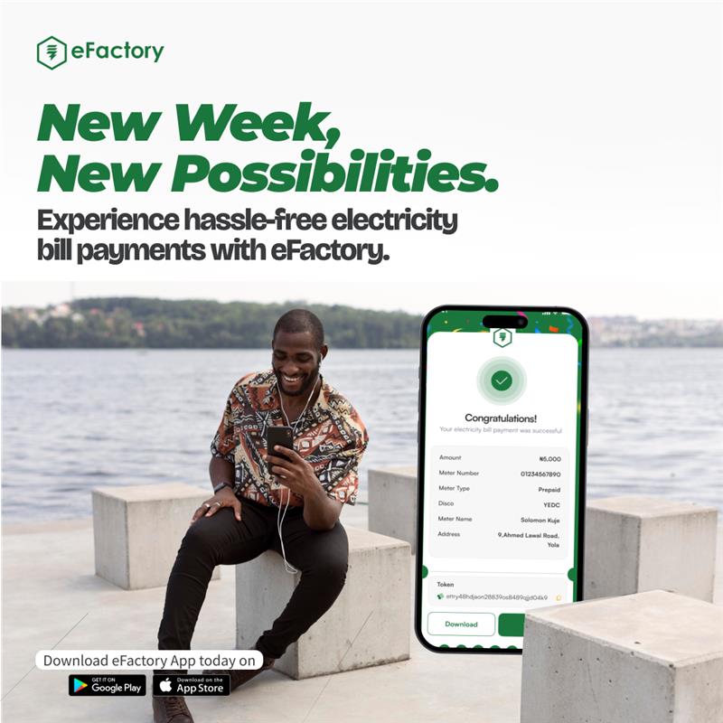 electFactory's tweet photo. New Week, New Possibilities.
Experience hassle-free electricity bill payments with eFactory.

Get started: https://t.co/G0xnv2uBBq

#NewWeekNewGoals #electricitybillpayment #prepaidmeter #efactory https://t.co/4kzCaMSyzO