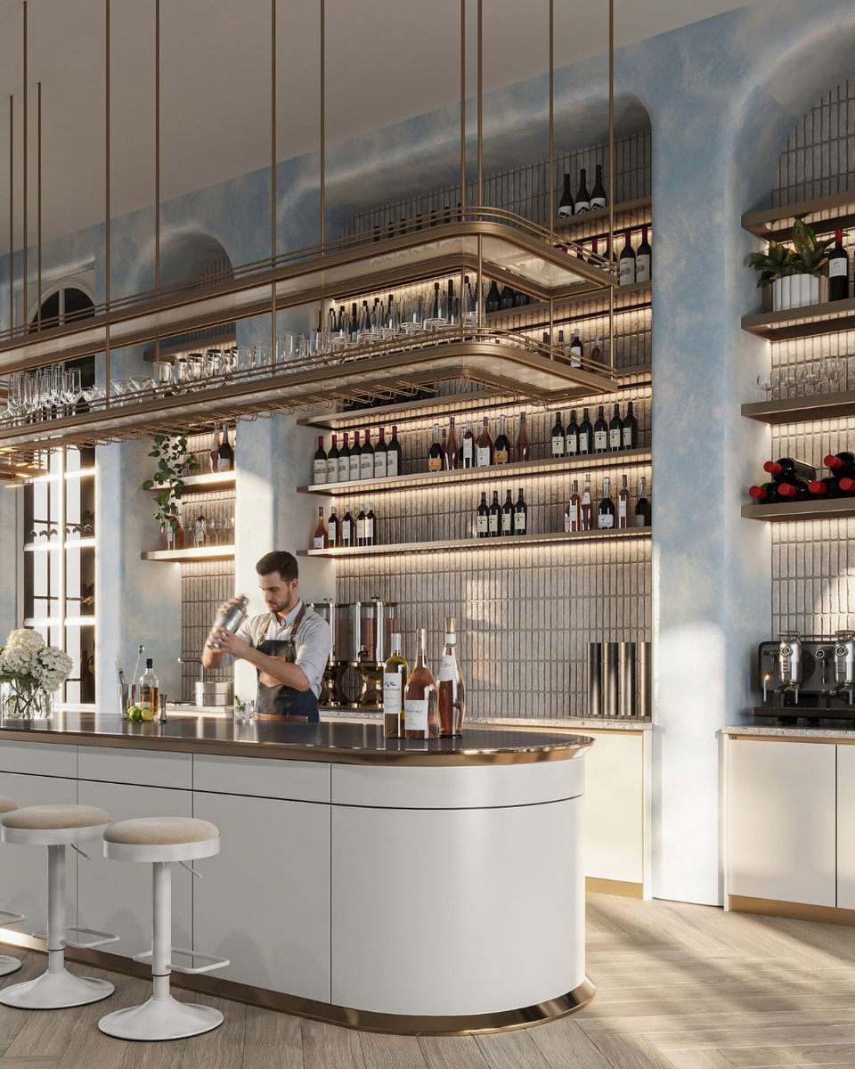 Kuche7official's tweet image. Mist Bar Kitchen: For the Craft of Spirits
With softly curved cabinetry, layered bar shelving &amp;amp; a palette of misty blues, warm brass &amp;amp; gentle neutrals, this kitchen creates an inviting, lounge-like experience.#MistBarKitchen #barunit #barcabinet #kitchenbar #kitchendesign #Kuche7