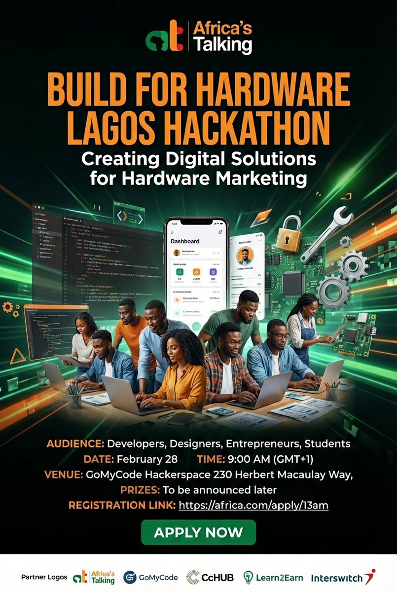 atdevslagos's tweet photo. 💻 Ready to build solutions that matter?

Join the Build for Hardware Lagos Hackathon and transform the hardware industry with tech.

Register: https://t.co/SDiJRdFguA

#HackathonLagos #BuildWithAT #WeLoveNerd @Africastalking https://t.co/LGULGTHC60