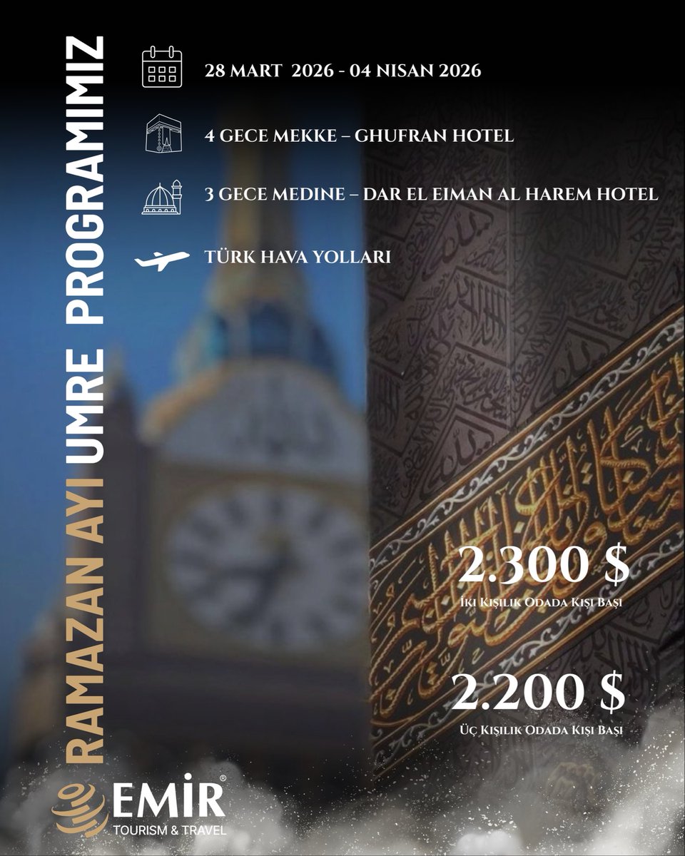 EmirTurizm1988's tweet photo. Ramazan Ayı Umre Programımız🕋

• 28 Mart- 04 Nisan 
•4 Gece Mekke 3 Gece Medine 

Ayrıntılı bilgi için wep sitemizi ziyaret edebilirsiniz.
https://t.co/6exoTzSZCk https://t.co/K2hW7Y3Jyt
