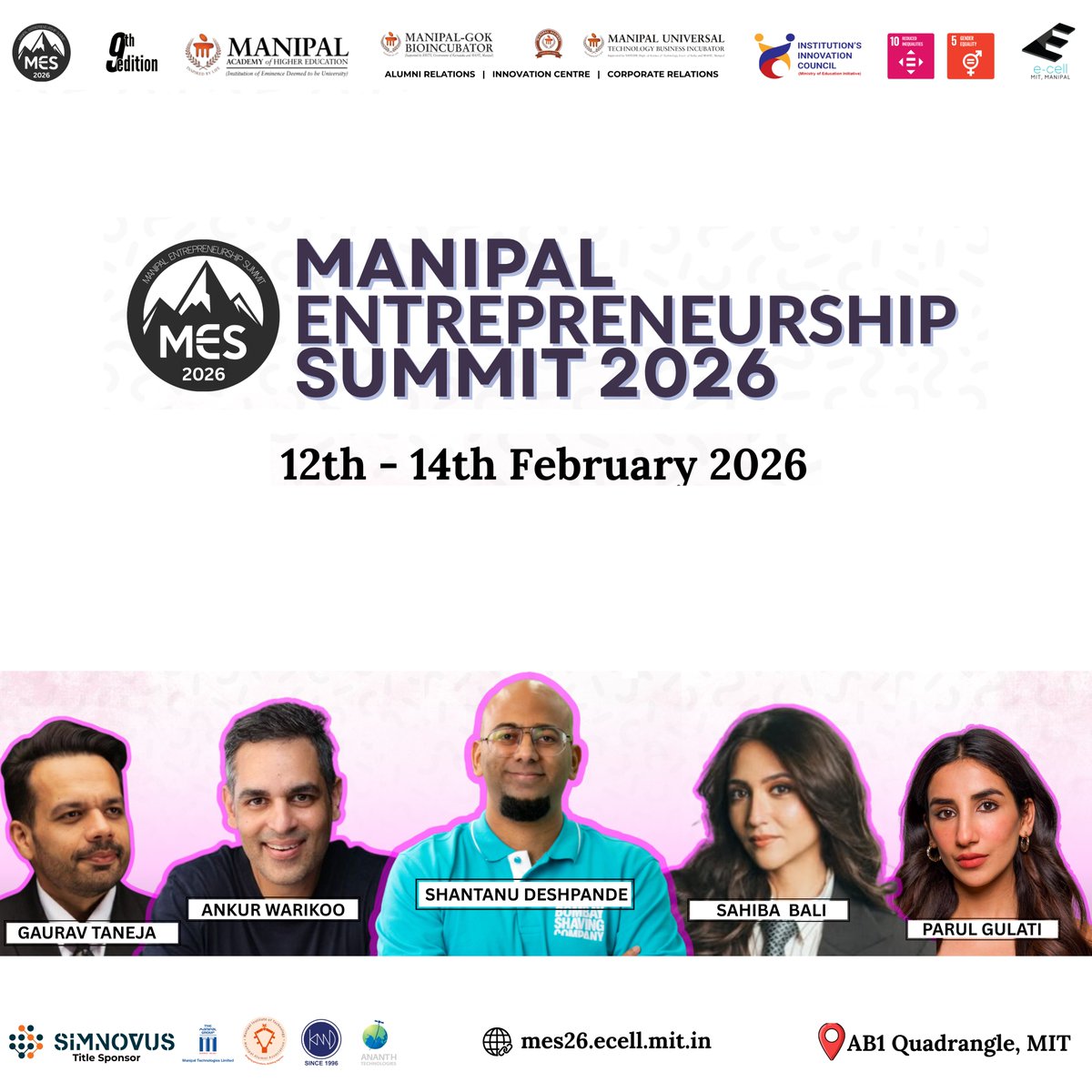 MAHE_Manipal's tweet photo. The Manipal Entrepreneurship Summit 2026 is set to bring together leading voices from entrepreneurship, business, and content creation. Join us from 12–14 Feb 2026 at the AB1 Quadrangle, MIT Manipal for ideas, innovation, and inspiring conversations.#MES2026 #MITManipal https://t.co/qu3K5pDw7u