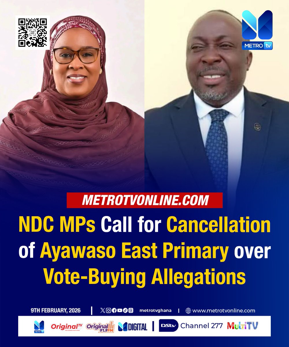 metrotvgh's tweet photo. NDC MPs call for cancellation of Ayawaso East primary over vote-buying allegations.

#MetroNews #metrotvonline https://t.co/1RZDmbWvfy