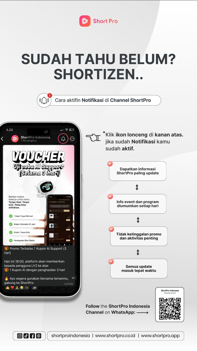 shortpro_id's tweet photo. Aktifkan notifikasi Channel ShortPro sekarang.

Manfaatnya.
• Info selalu update.
• Event dan promo tidak terlewat.
• Semua pengumuman masuk tepat waktu.

Klik ikon lonceng di Channel ShortPro.
Pastikan notifikasi Kamu aktif.

#shortpro #shortproindonesia https://t.co/toSLIQEAOw