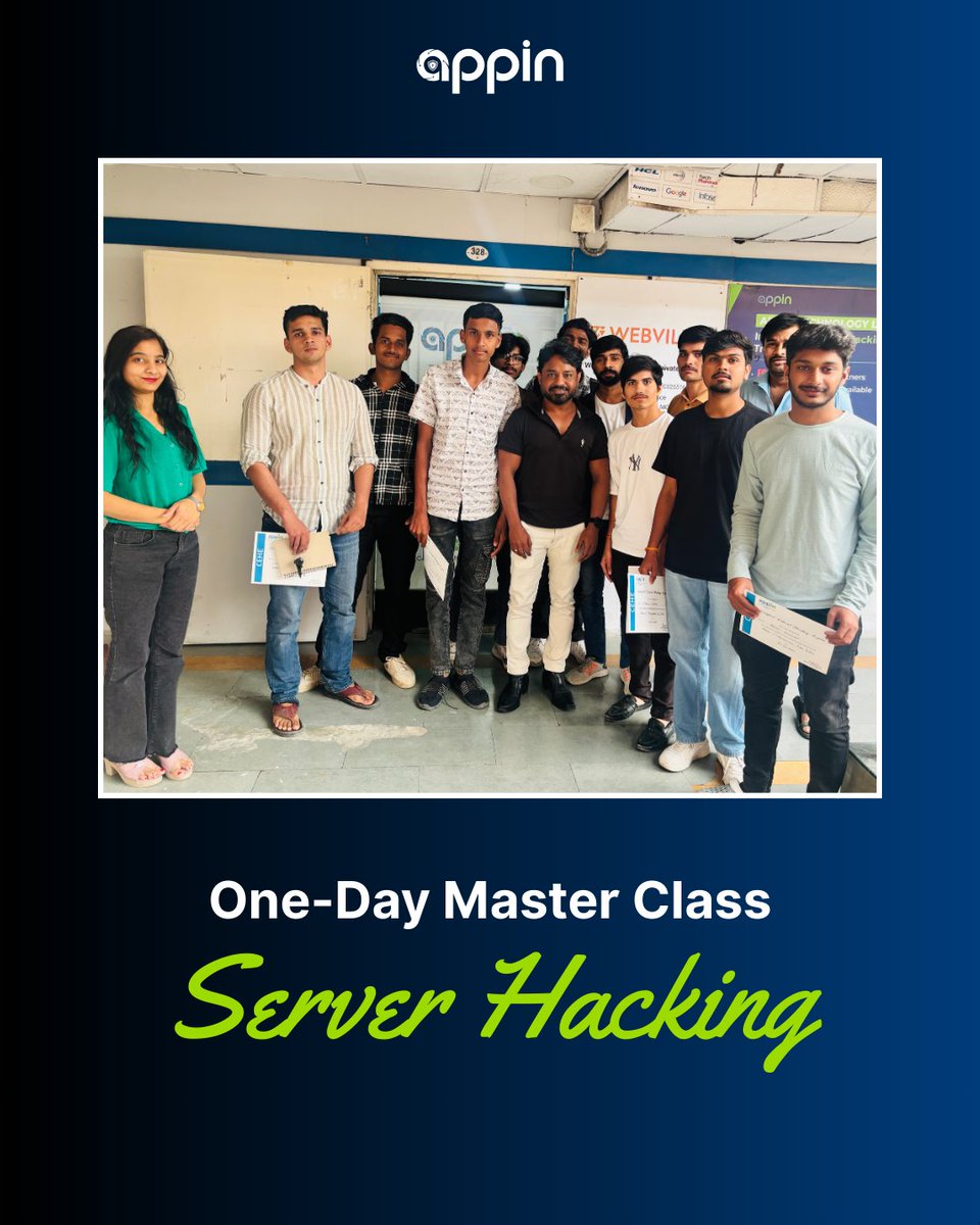 AppinOfficial's tweet photo. A day of hands-on learning, real hacking, and cybersecurity insights
Appin’s One-Day Server Hacking Master Class empowered students with practical skills, confidence, and a deeper understanding of ethical hacking

#EthicalHacking #CyberSecurityTraining #ServerHacking https://t.co/Kx2vCP1M4D