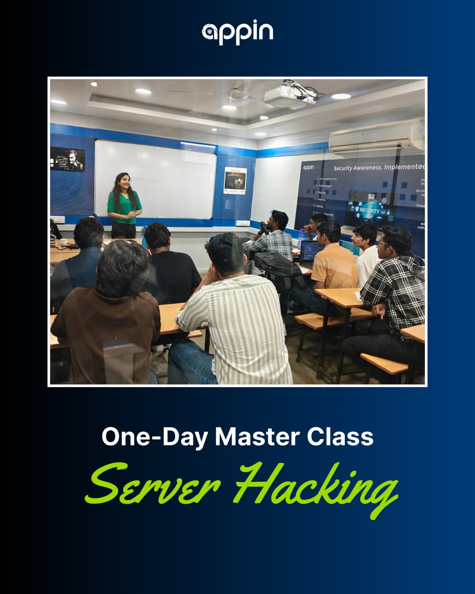 AppinOfficial's tweet photo. A day of hands-on learning, real hacking, and cybersecurity insights
Appin’s One-Day Server Hacking Master Class empowered students with practical skills, confidence, and a deeper understanding of ethical hacking

#EthicalHacking #CyberSecurityTraining #ServerHacking https://t.co/Kx2vCP1M4D